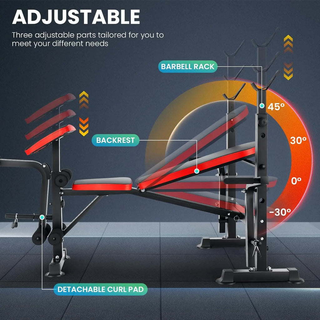 6 in 1 660lbs Weight Bench Set with Squat Rack, Bench Press Set with Barbell Rack, Adjustable Incline