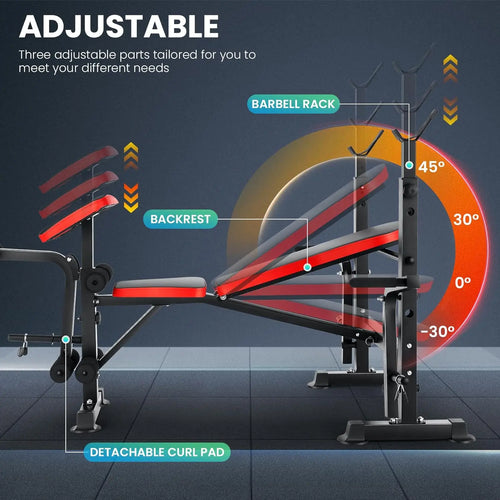 6 in 1 660lbs Weight Bench Set with Squat Rack, Bench Press Set with Barbell Rack, Adjustable Incline