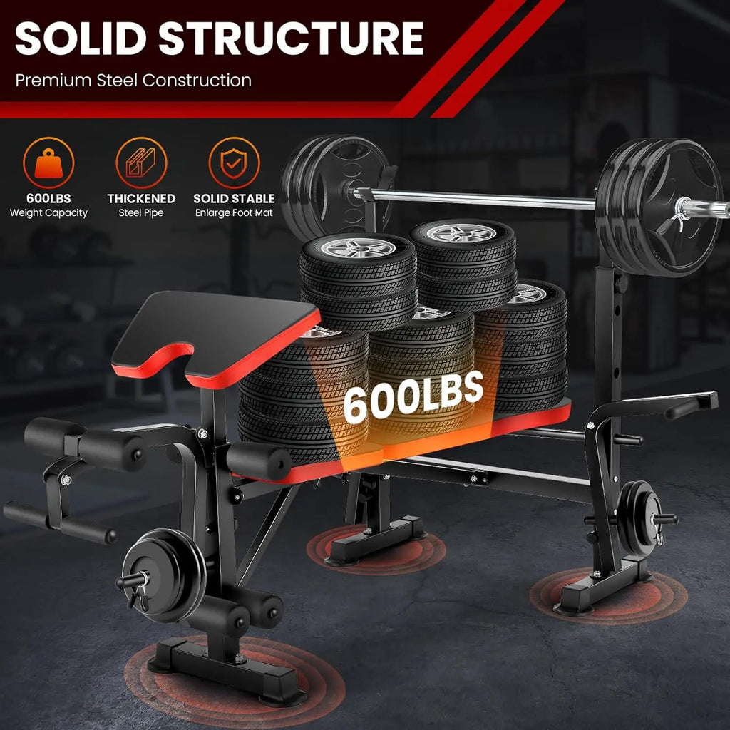 6 in 1 660lbs Weight Bench Set with Squat Rack, Bench Press Set with Barbell Rack, Adjustable Incline
