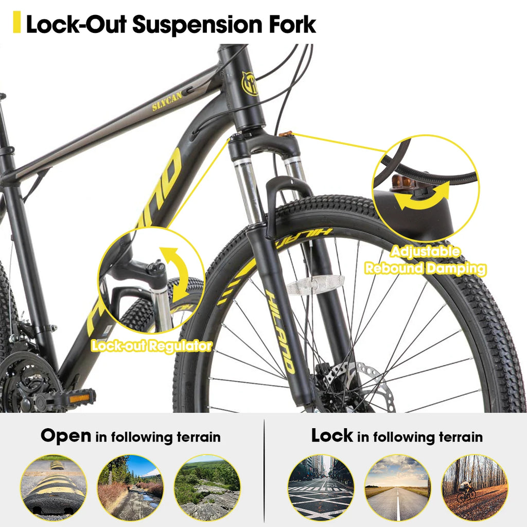 Hiland Aluminum Mountain Bike 21 Speeds, Hydraulic Disc-Brakes, Lock-Out Suspension Fork, 27.5 inch Whee