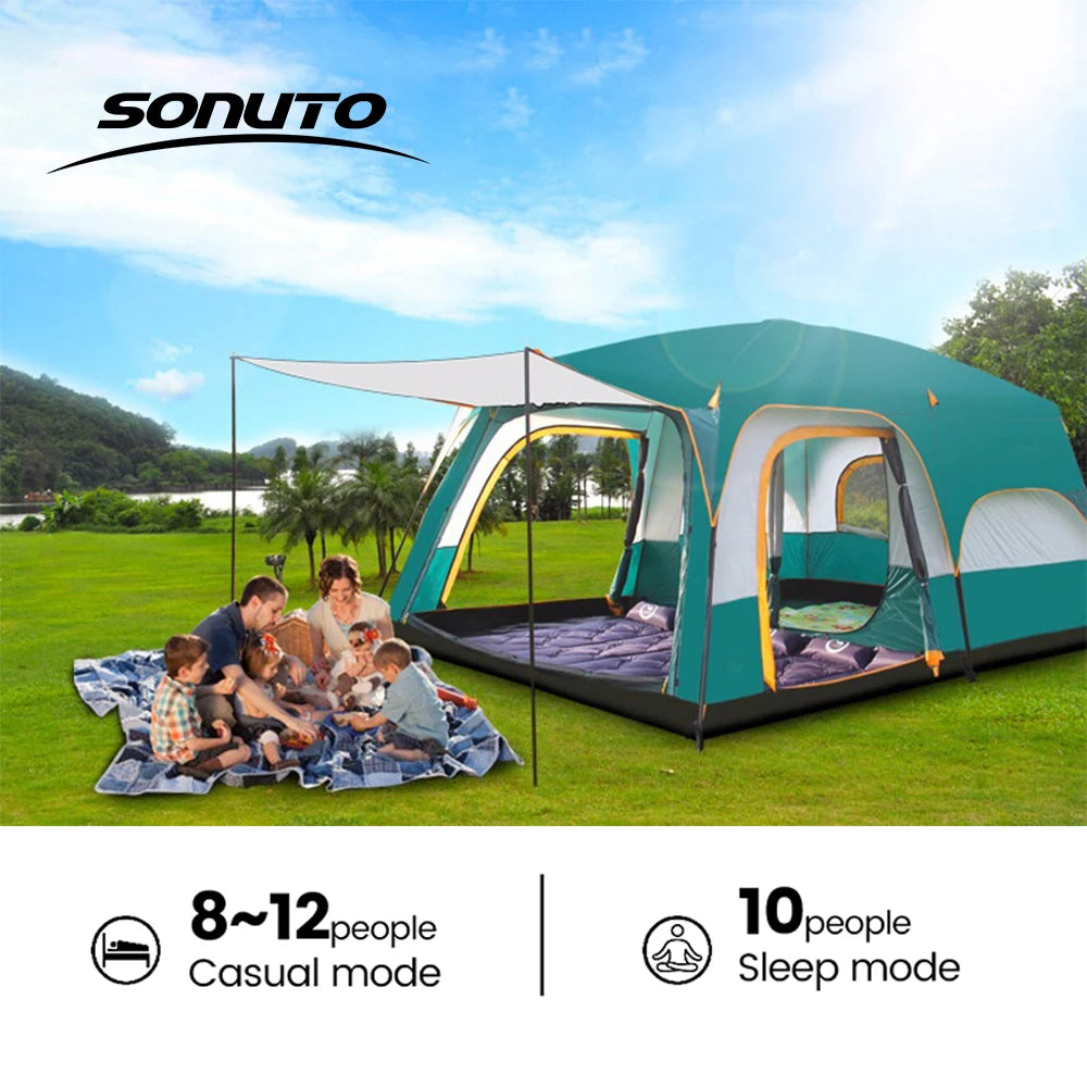 Large Family Tent 8-12 Person 2 Room Windproof with Sun Protection Mosquito Net