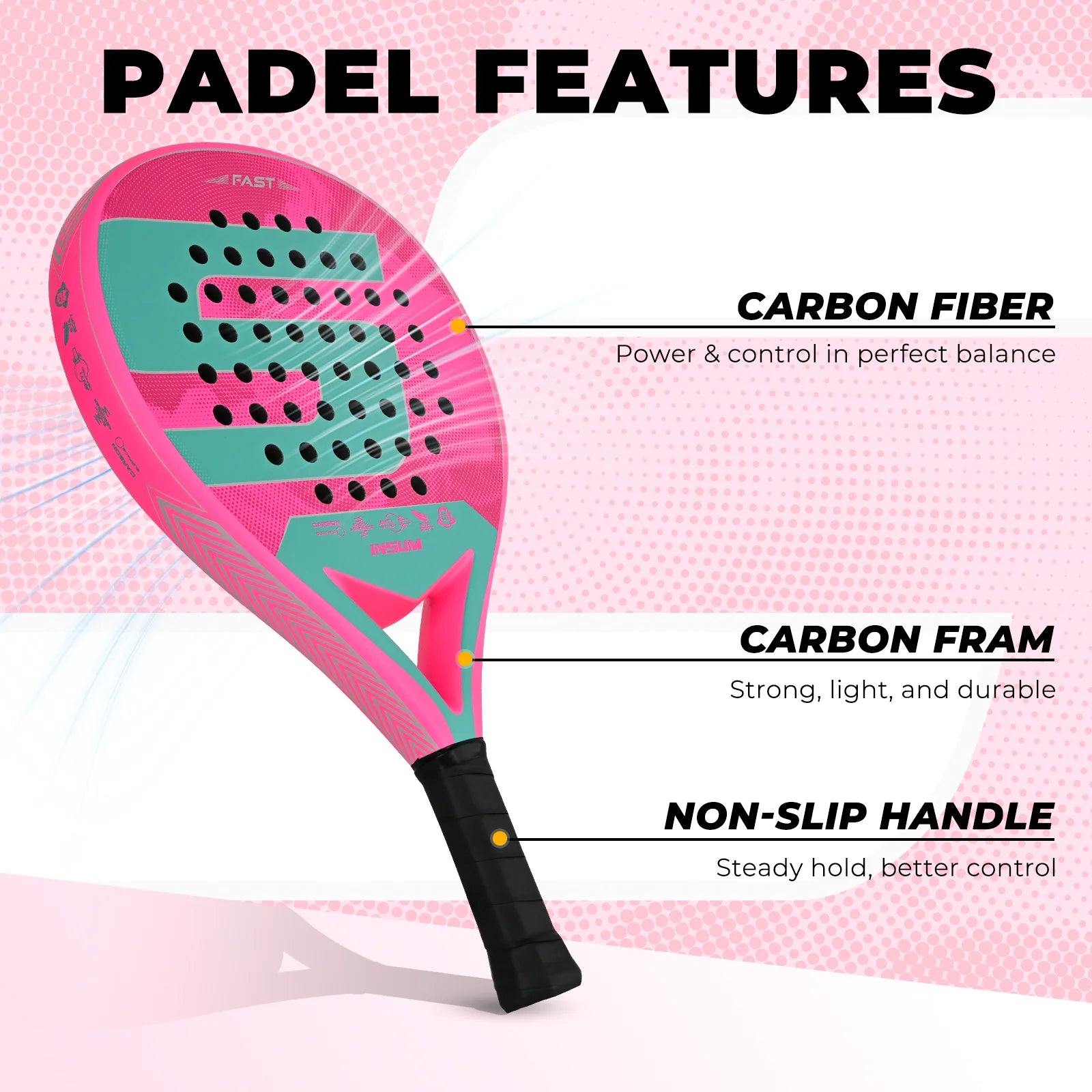 INSUM Paddle Racket Carbon Fiber Surface with EVA Memory Flex Foam Core