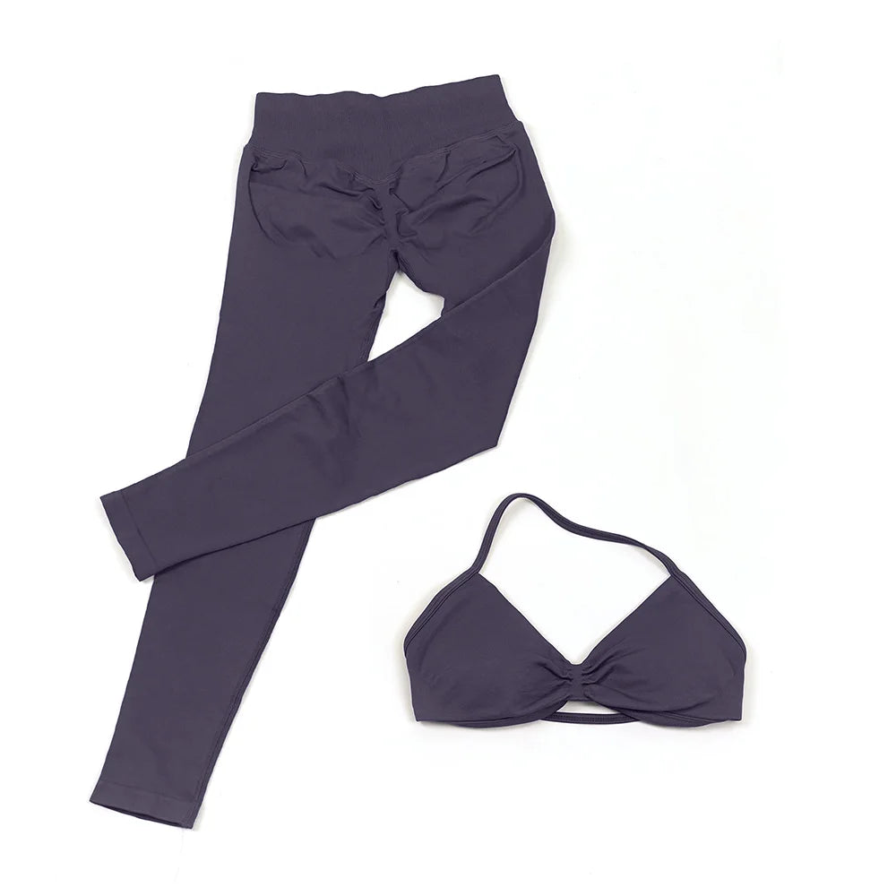 Seamless 2 Pieces Strappy Yoga Halter Bras Sets