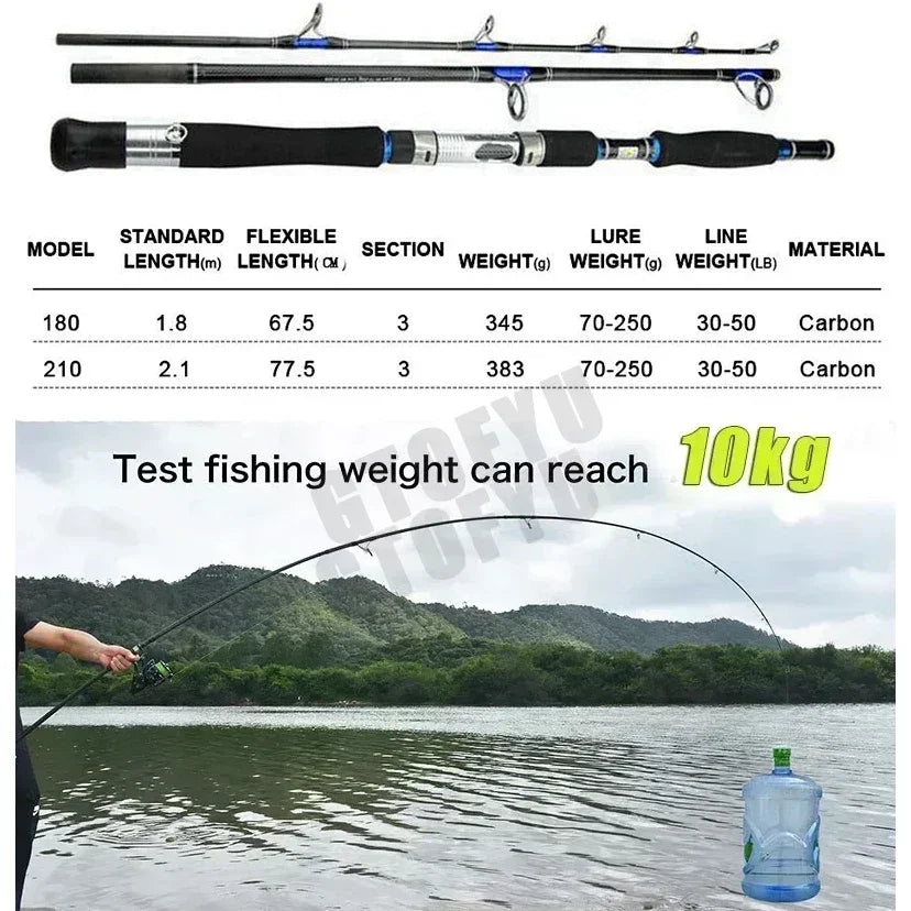 Portable Fishing Rod Travel Surf Saltwater Heavy 3-Piece Carbon Spinning Rod