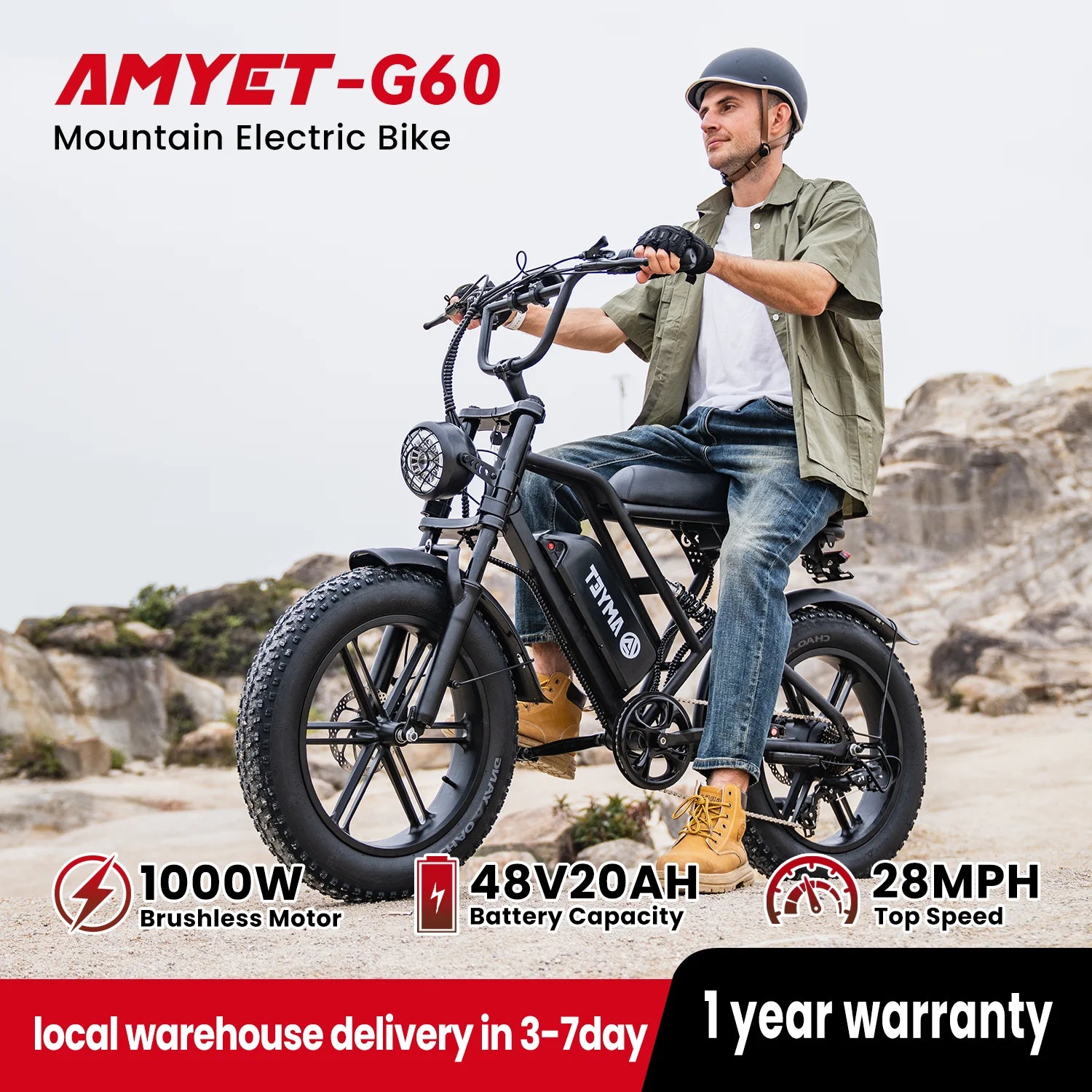 AMYET V9-G60 Adults Electric Bike 1000W Motor Bicycle 48V 20AH 20“ Tire Ebike