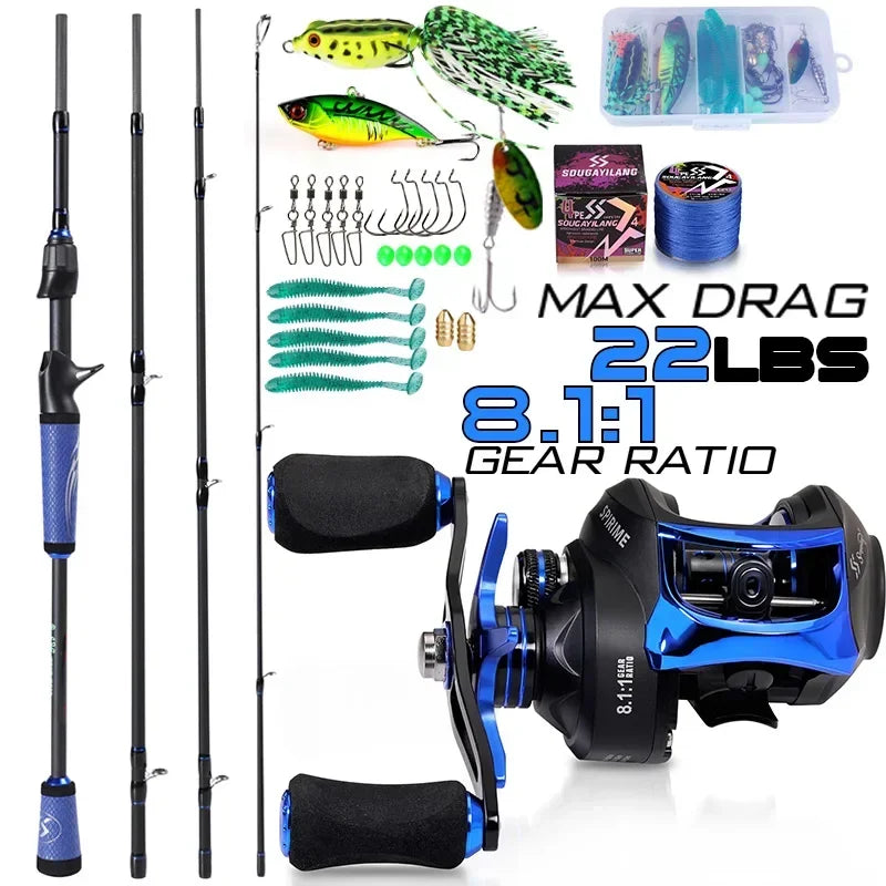 Sougayilang Fishing Rod Reel Combo 1.8/2.m Carbon Fiber Casting Rod and 8.0:1 High Speed Baitcasting Reel