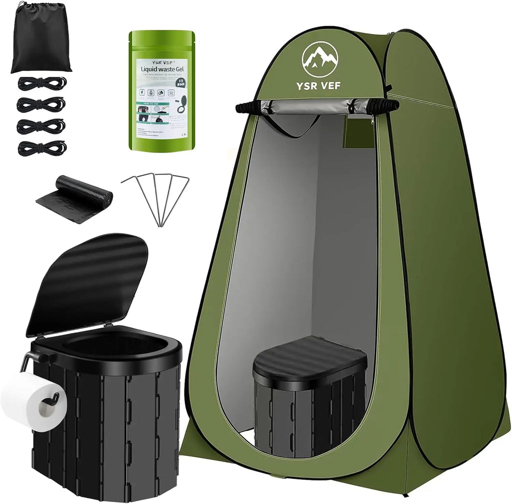 Portable Pop-Up Camping Toilet Tent with Shower & Changing Room, Includes Toilet Bags and Gel