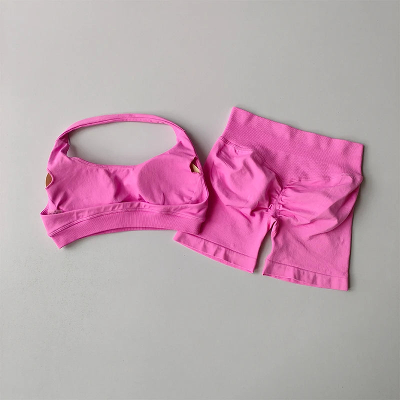 High Waist Peach Sports Bras Shorts Suit