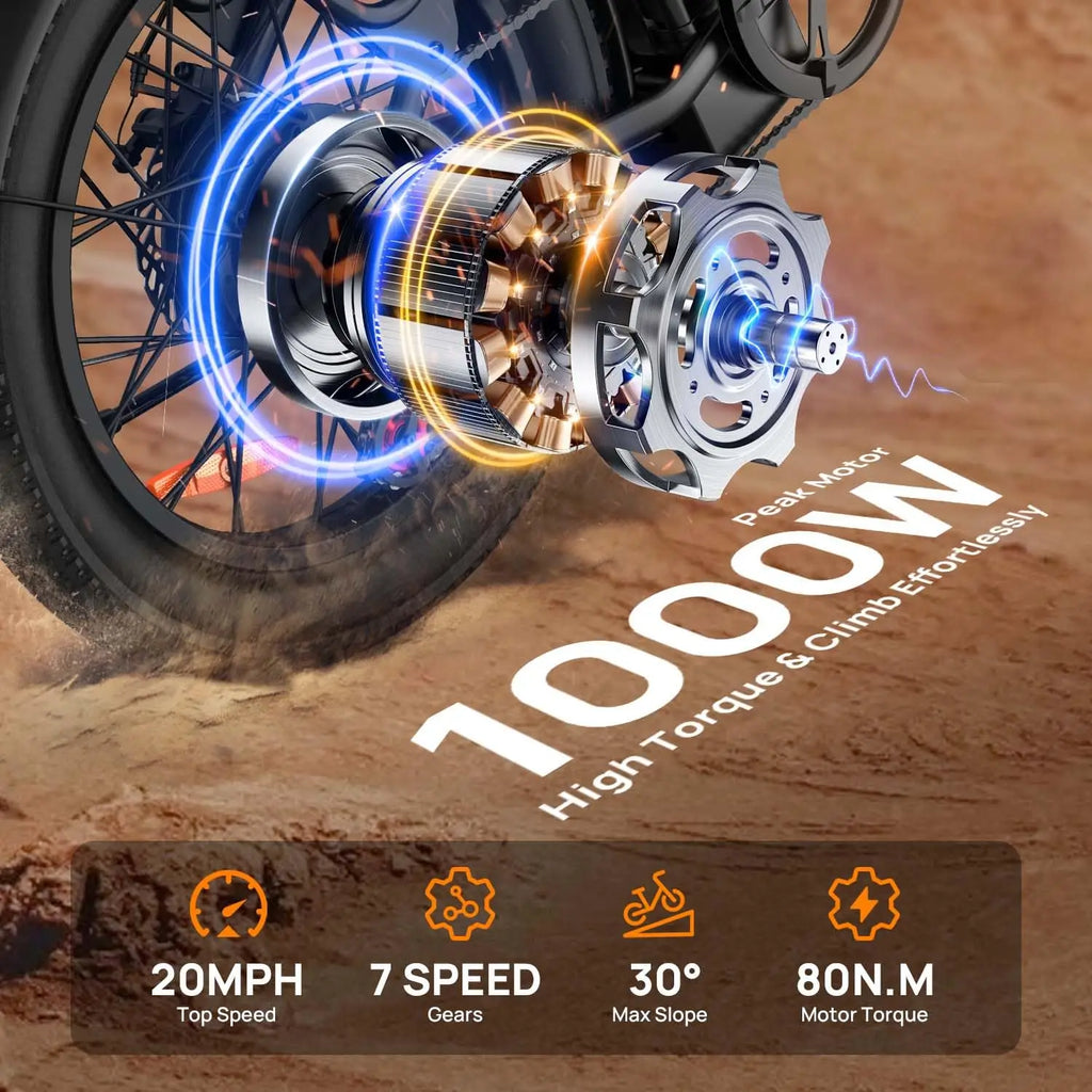 1000W 20x3" Fat Tire Electric Bike 48V 13Ah Removable Battery 20MPH 7-Speed