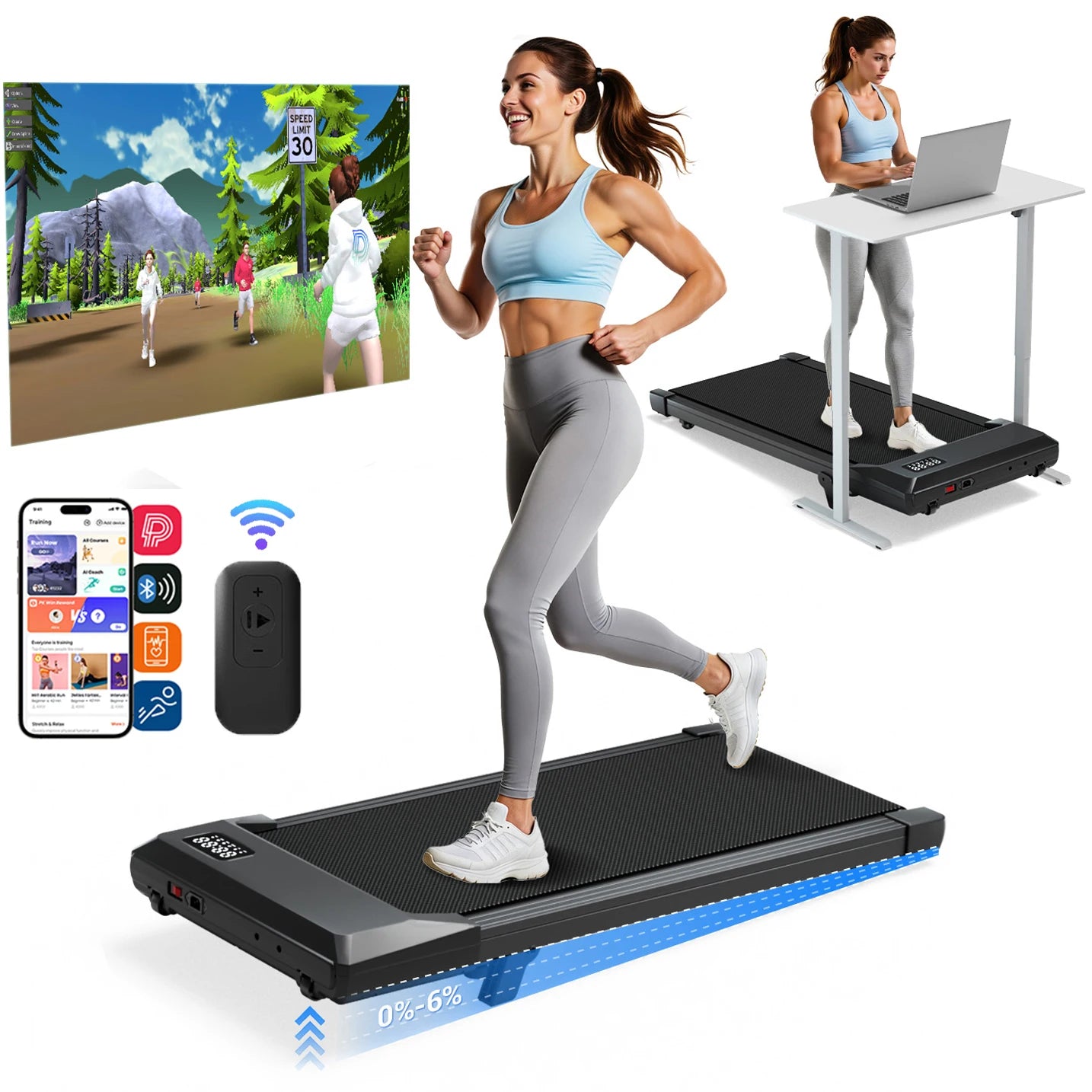 Foldable 6% Slope Under Desk Treadmills 2.5 HP  Remote Control LED Display 300LBS
