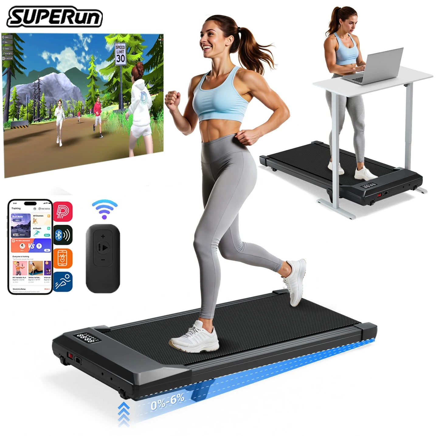 Foldable 6% Slope Under Desk Treadmills 2.5 HP  Remote Control LED Display 300LBS