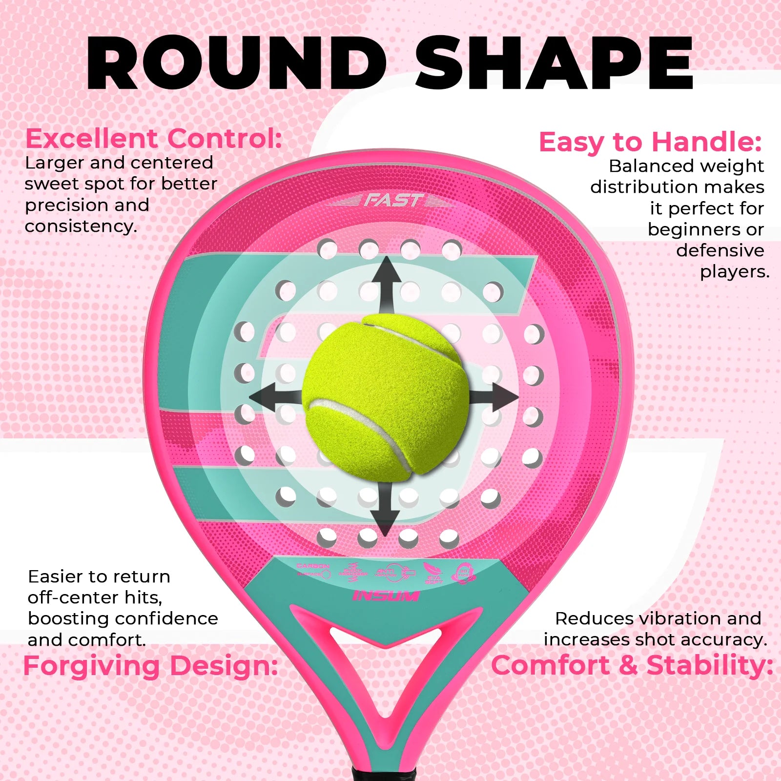 INSUM Paddle Racket Carbon Fiber Surface with EVA Memory Flex Foam Core