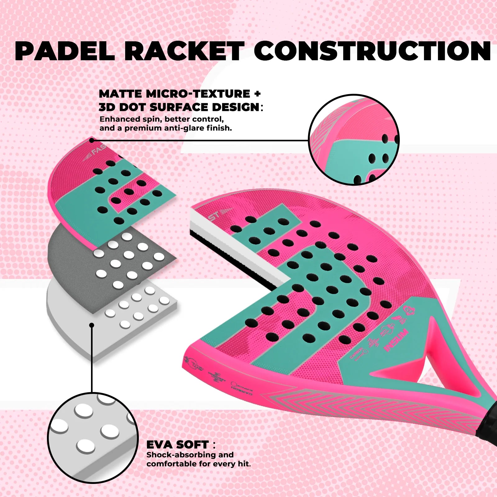 INSUM Paddle Racket Carbon Fiber Surface with EVA Memory Flex Foam Core