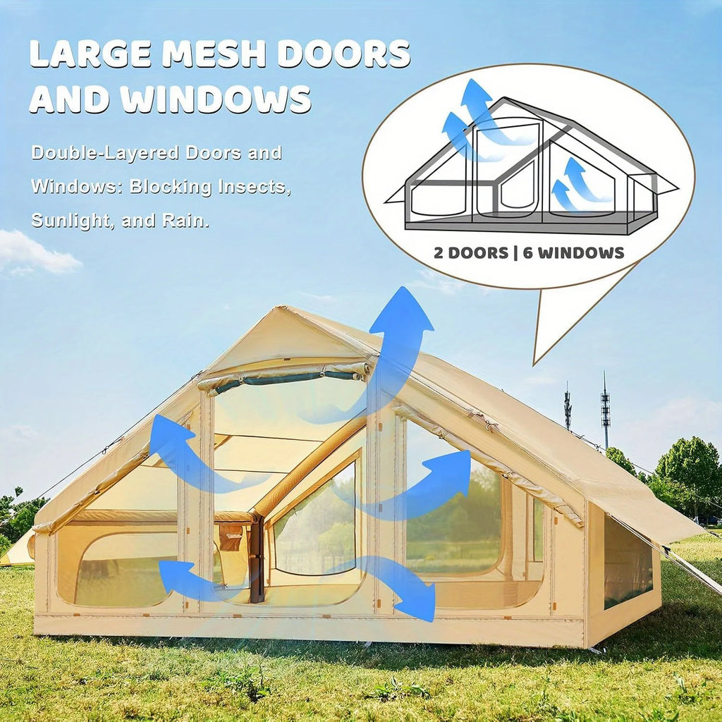 Inflatable tent camping for 1-6 people, hand pump inflation large tent, with skylight and chimney