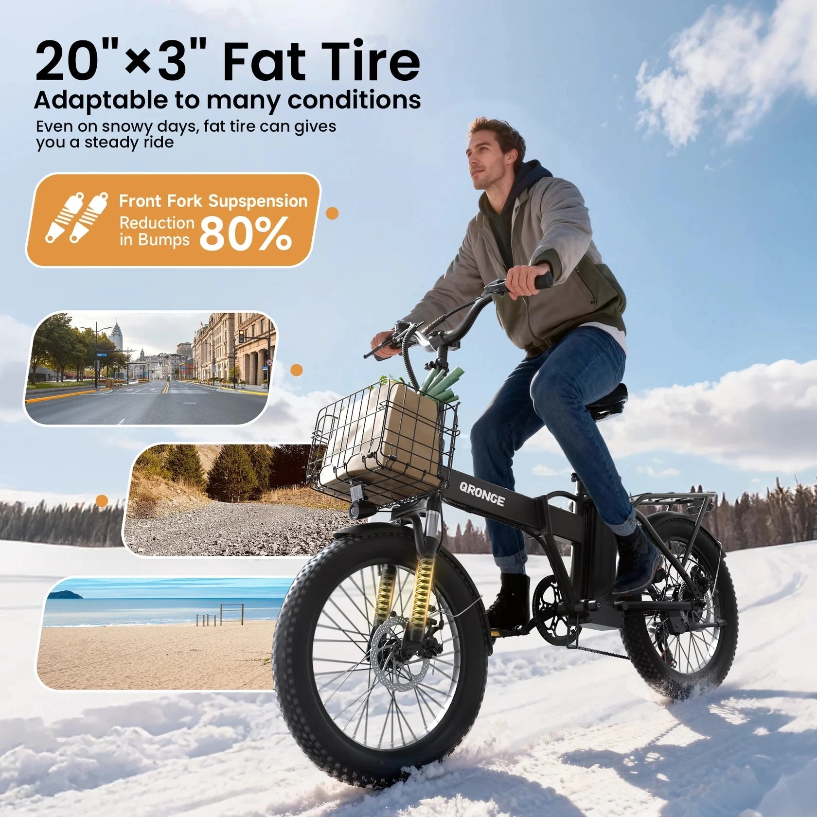 QRONGE Waterfall Folding Electric Bike 1000W Peak 48V 13.5AH Removable Battery Electric Bicycle 20" Fat Tire 28 MPH