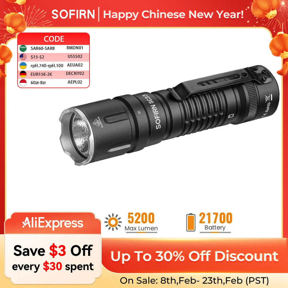 Sofirn SC33 LED Tactical Flashlight XHP70.3 HI  5200lm Powerful 21700 Type C Rechargeable