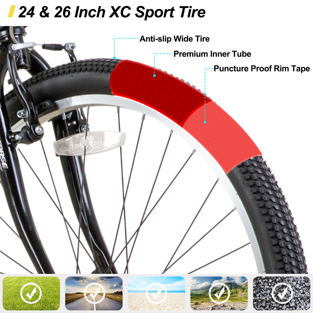 Hiland 24 26 inch Mountain Bike for Men Women, 21 Speeds High-Carbon Steel Frame