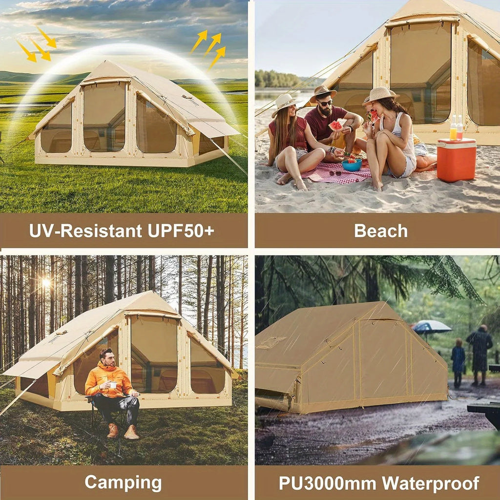 Inflatable tent camping for 1-6 people, hand pump inflation large tent, with skylight and chimney
