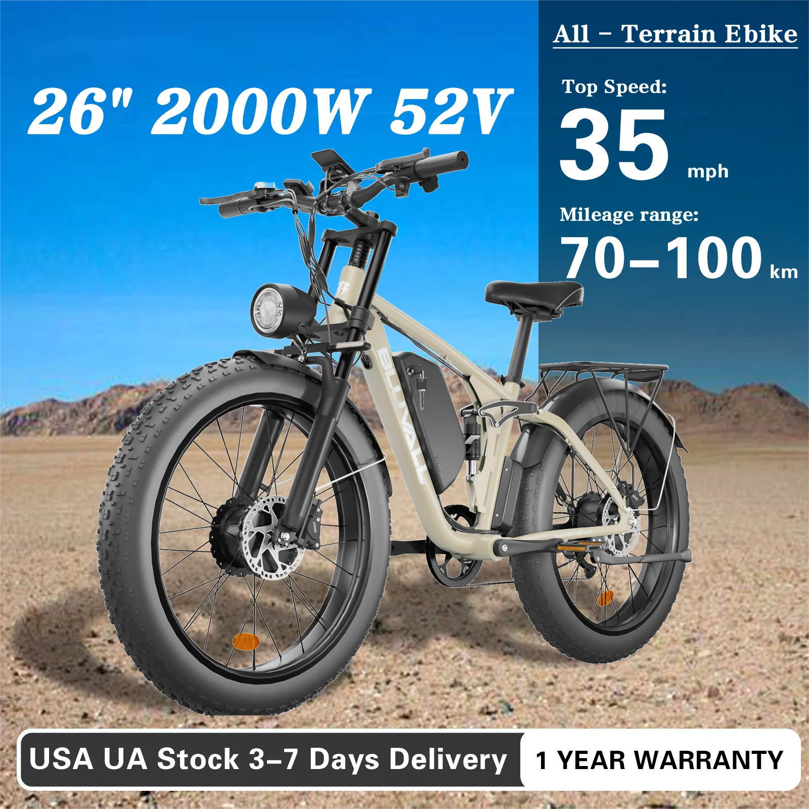 MOOBELO V1 All-Terrain 2000W Electric Bike for Adult 52V 22.4AH Battery Fat Tire Waterproof EBike