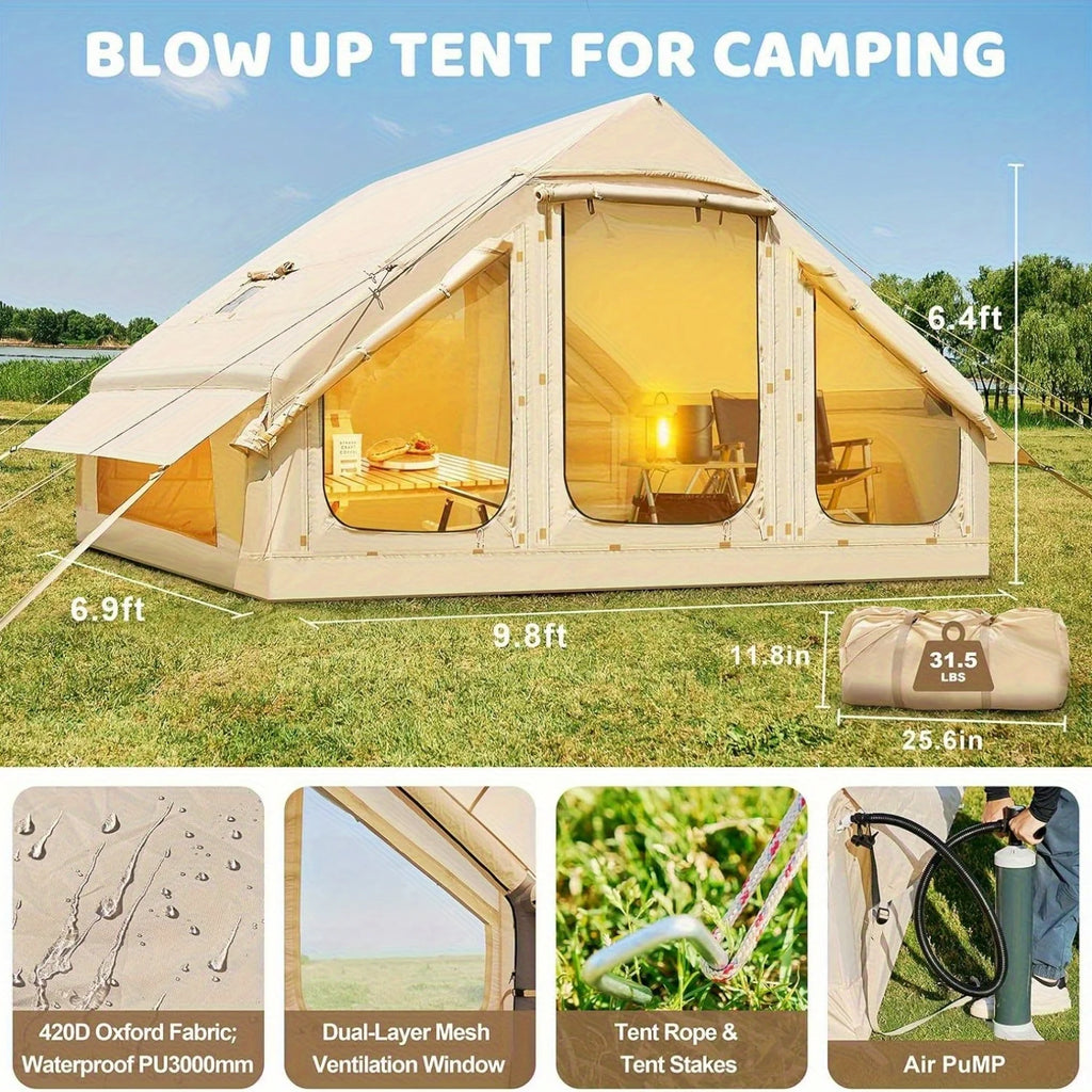 Inflatable tent camping for 1-6 people, hand pump inflation large tent, with skylight and chimney