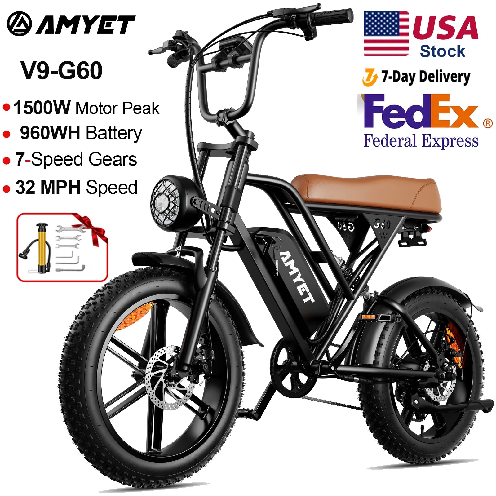 AMYET V9-G60 Adults Electric Bike 1000W Motor Bicycle 48V 20AH 20“ Tire Ebike