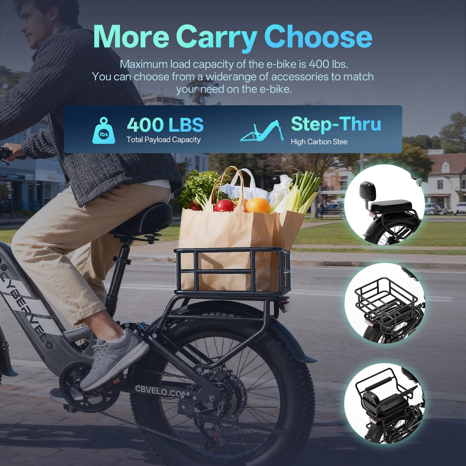 Cybervelo Step-Thru Electric Bike for Adults, 48V 20AH Removable Battery, 20" Fat Tire Shimano 7-Speed Commuter