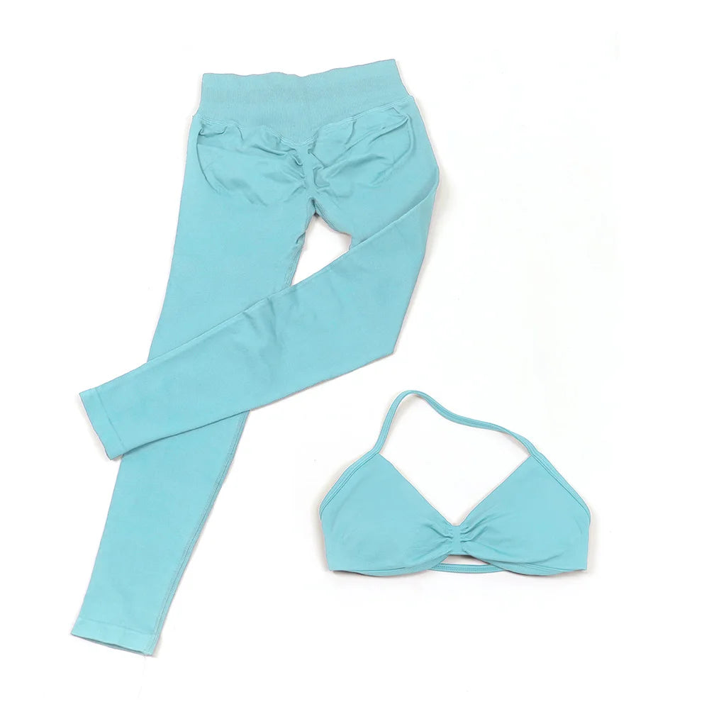 Seamless 2 Pieces Strappy Yoga Halter Bras Sets