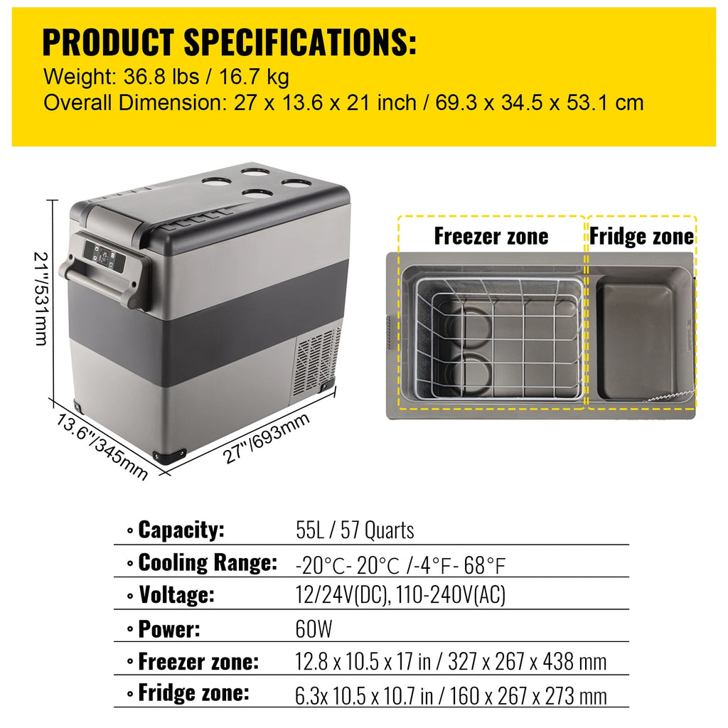 SucceBuy 55L Car Refrigerator Mini Fridge Freezer Portable Compressor Cooler DC 110-240V Ice Box