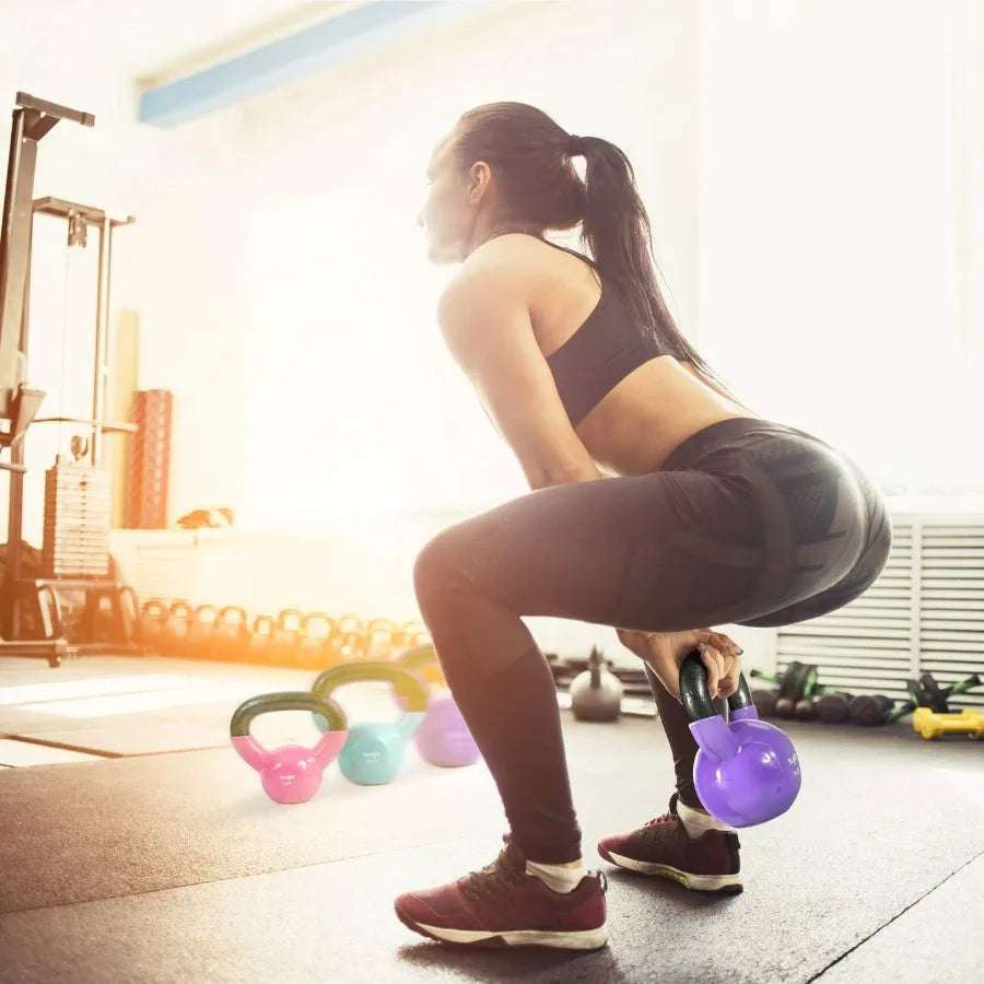 Kettlebell, Vinyl Coated Kettlebell Cast Iron Sets with Stable Flat Bottom