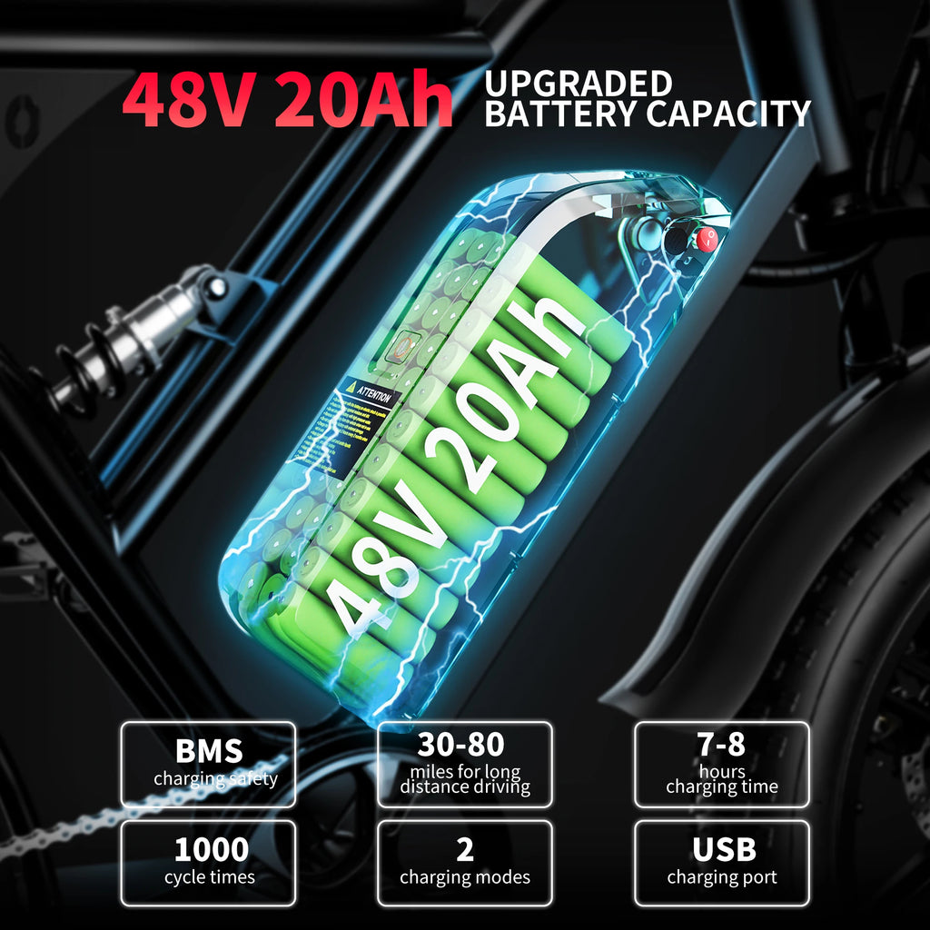 AMYET V9-G60 Adults Electric Bike 1000W Motor Bicycle 48V 20AH 20“ Tire Ebike