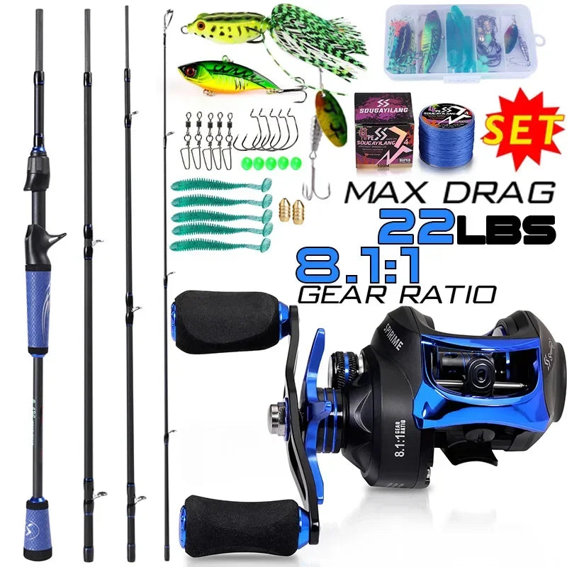 Sougayilang Fishing Rod Reel Combo 1.8/2.m Carbon Fiber Casting Rod and 8.0:1 High Speed Baitcasting Reel