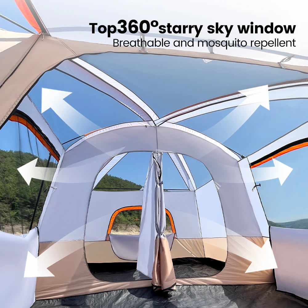 Large Family Tent 8-12 Person 2 Room Windproof with Sun Protection Mosquito Net