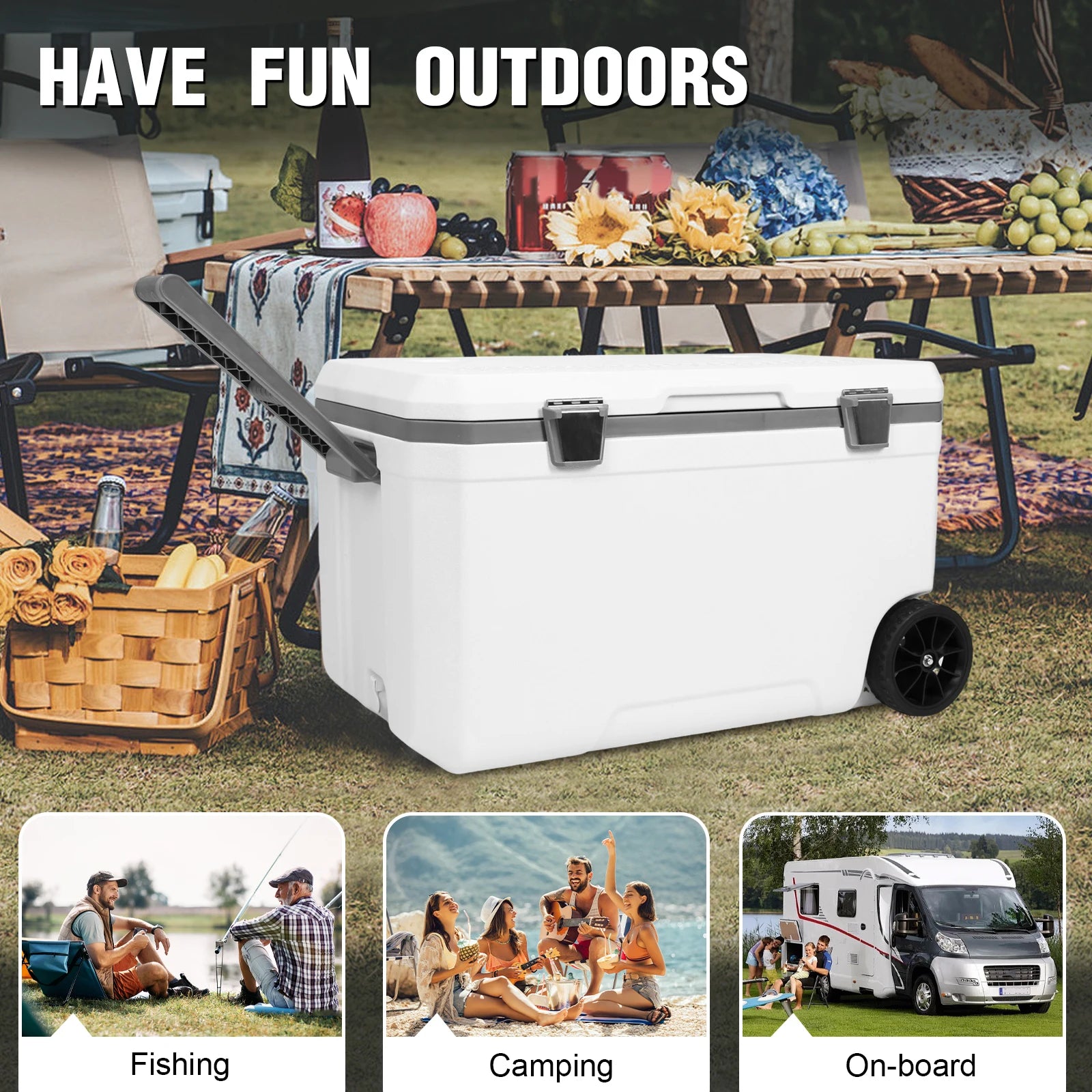 70L Wheeled Cooler Hard Shell Portable Car Wheel 30 Percent Lighter Than Rotomolded for BBQ Camping