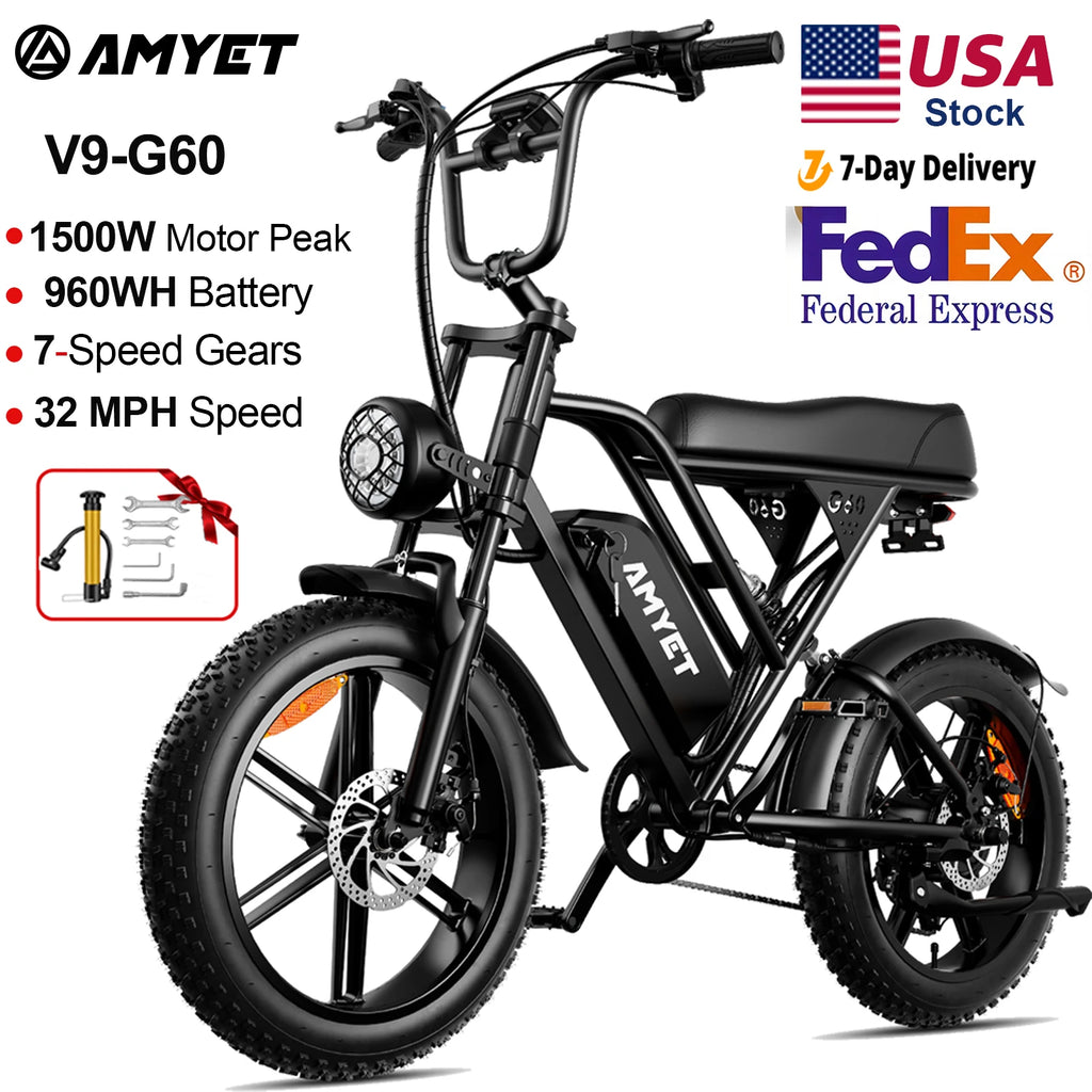 AMYET V9-G60 Adults Electric Bike 1000W Motor Bicycle 48V 20AH 20“ Tire Ebike
