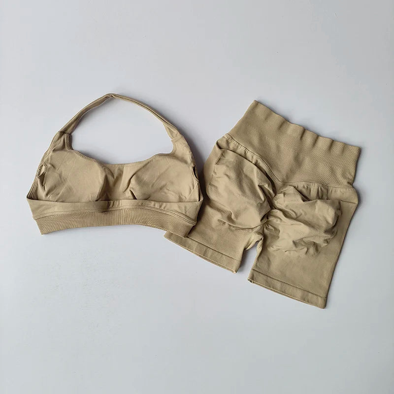 High Waist Peach Sports Bras Shorts Suit