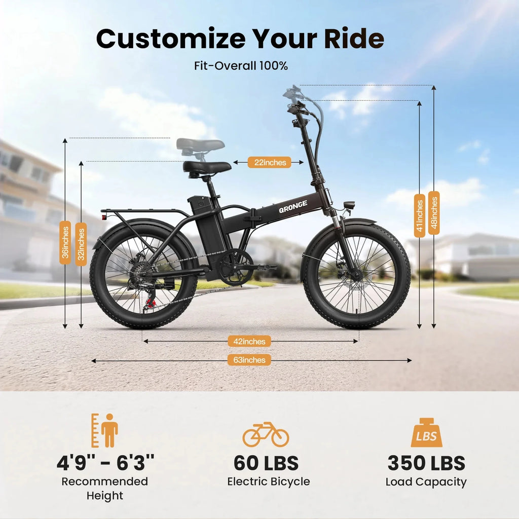 QRONGE Waterfall Folding Electric Bike 1000W Peak 48V 13.5AH Removable Battery Electric Bicycle 20" Fat Tire 28 MPH