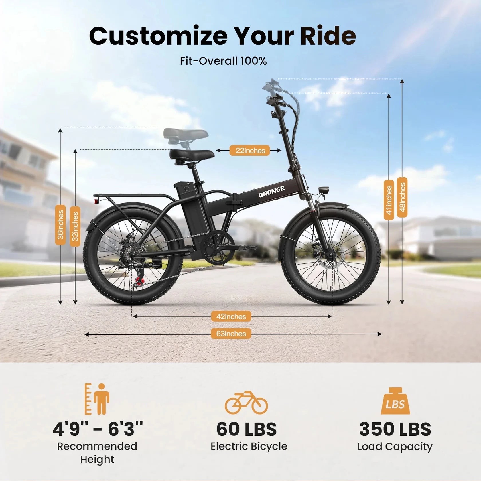 QRONGE Waterfall Folding Electric Bike 1000W Peak 48V 13.5AH Removable Battery Electric Bicycle 20" Fat Tire 28 MPH