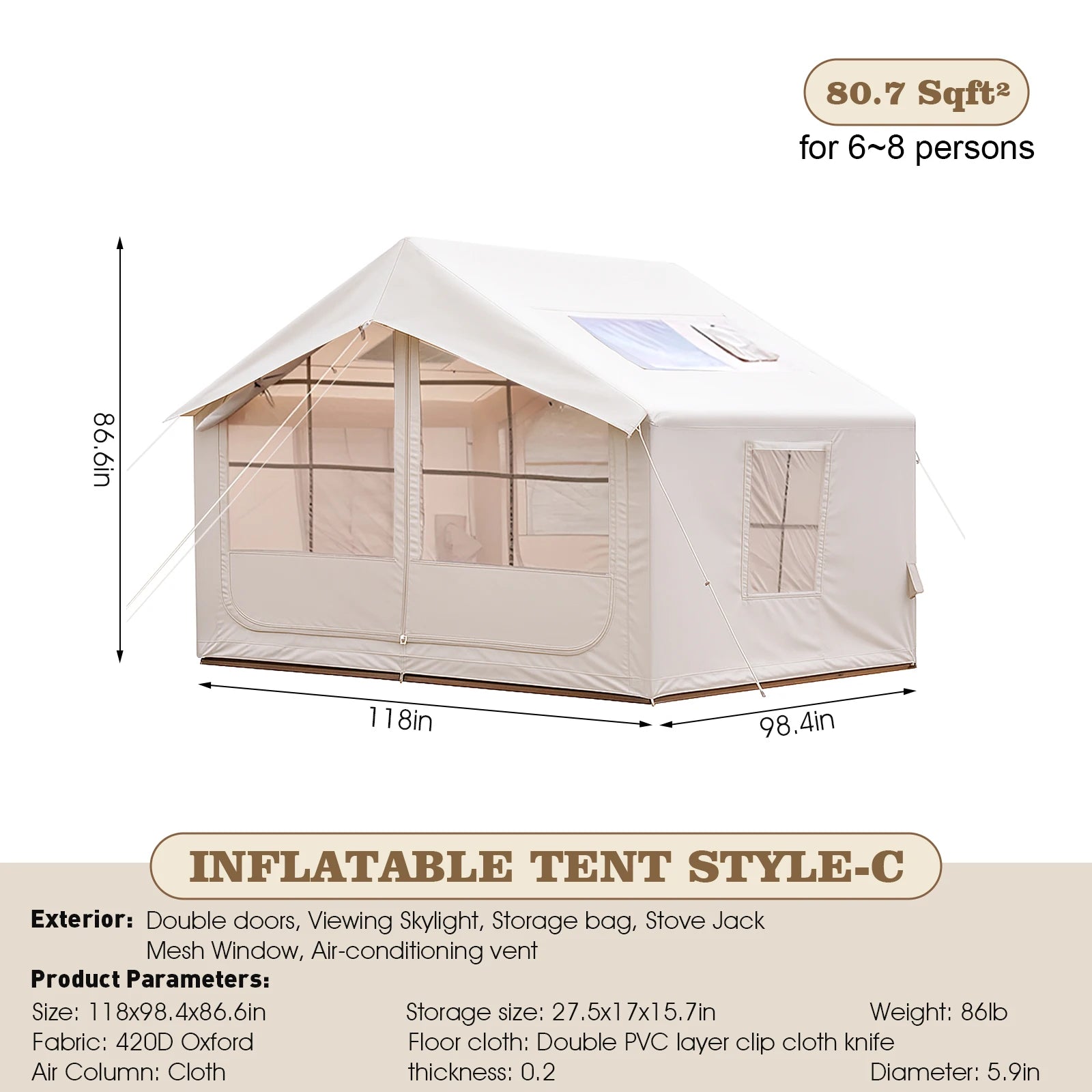 80.7 Square Feet Inflatable Tent with Air Conditioning Vent,4 Season Glamping Blow up Tent