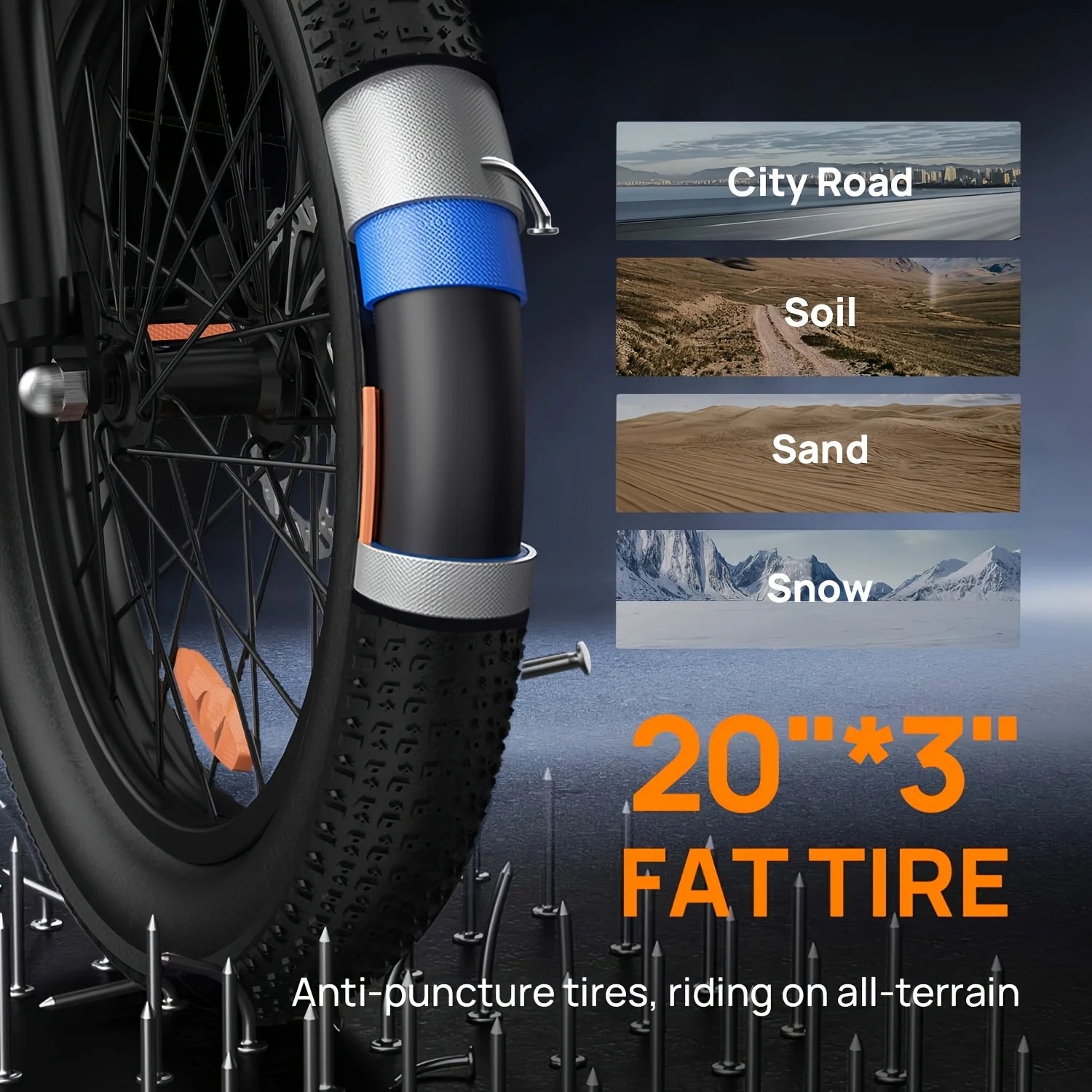 1000W 20x3" Fat Tire Electric Bike 48V 13Ah Removable Battery 20MPH 7-Speed