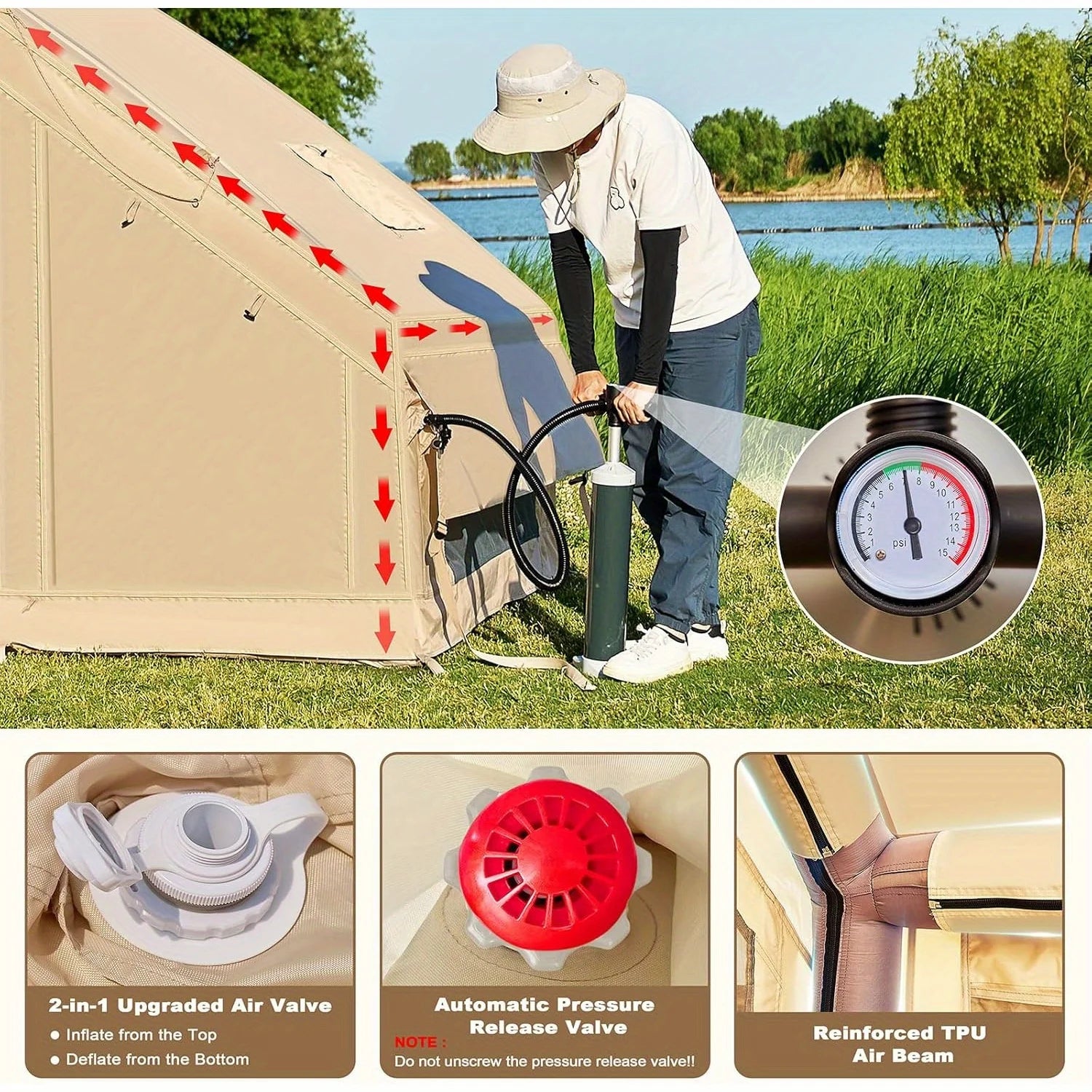 Inflatable tent camping for 1-6 people, hand pump inflation large tent, with skylight and chimney