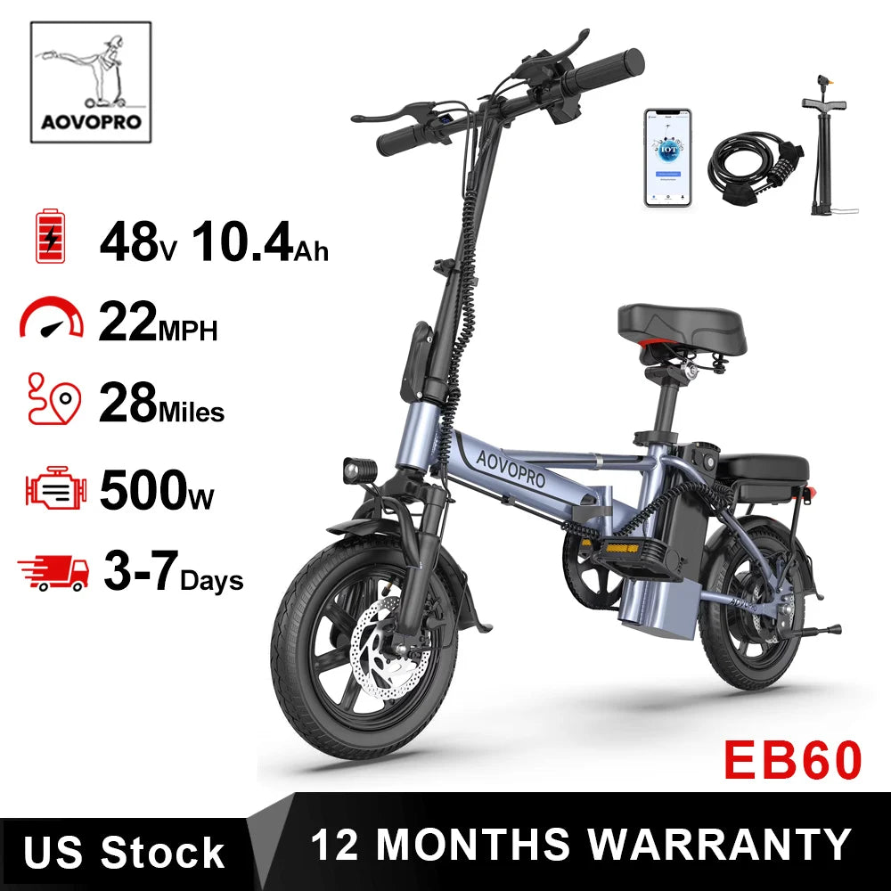 AOVOPRO 14'' EB60 Foldable Electric Bike 500W 48V 10.4AH Battery 22MPH Max Speed