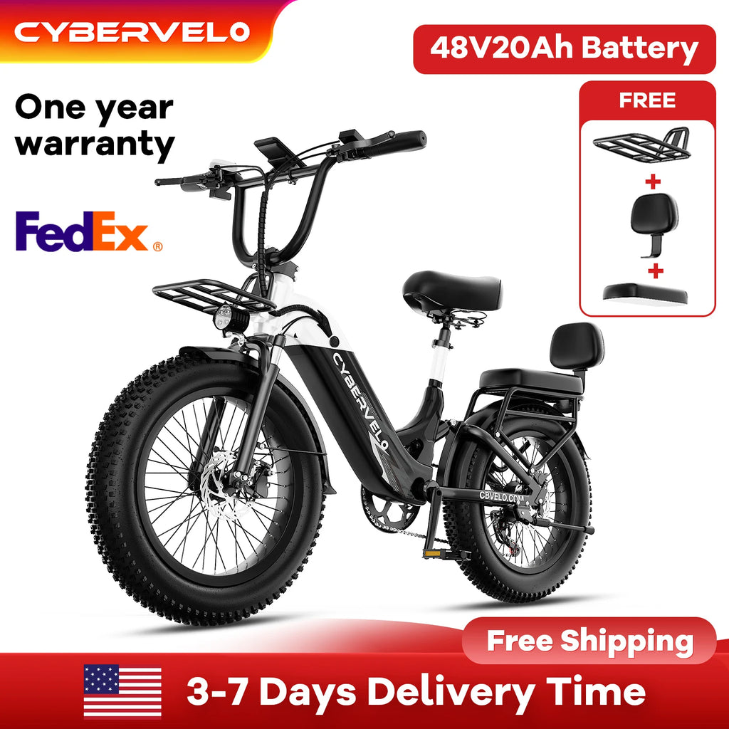 Cybervelo Step-Thru Electric Bike for Adults, 48V 20AH Removable Battery, 20" Fat Tire Shimano 7-Speed Commuter