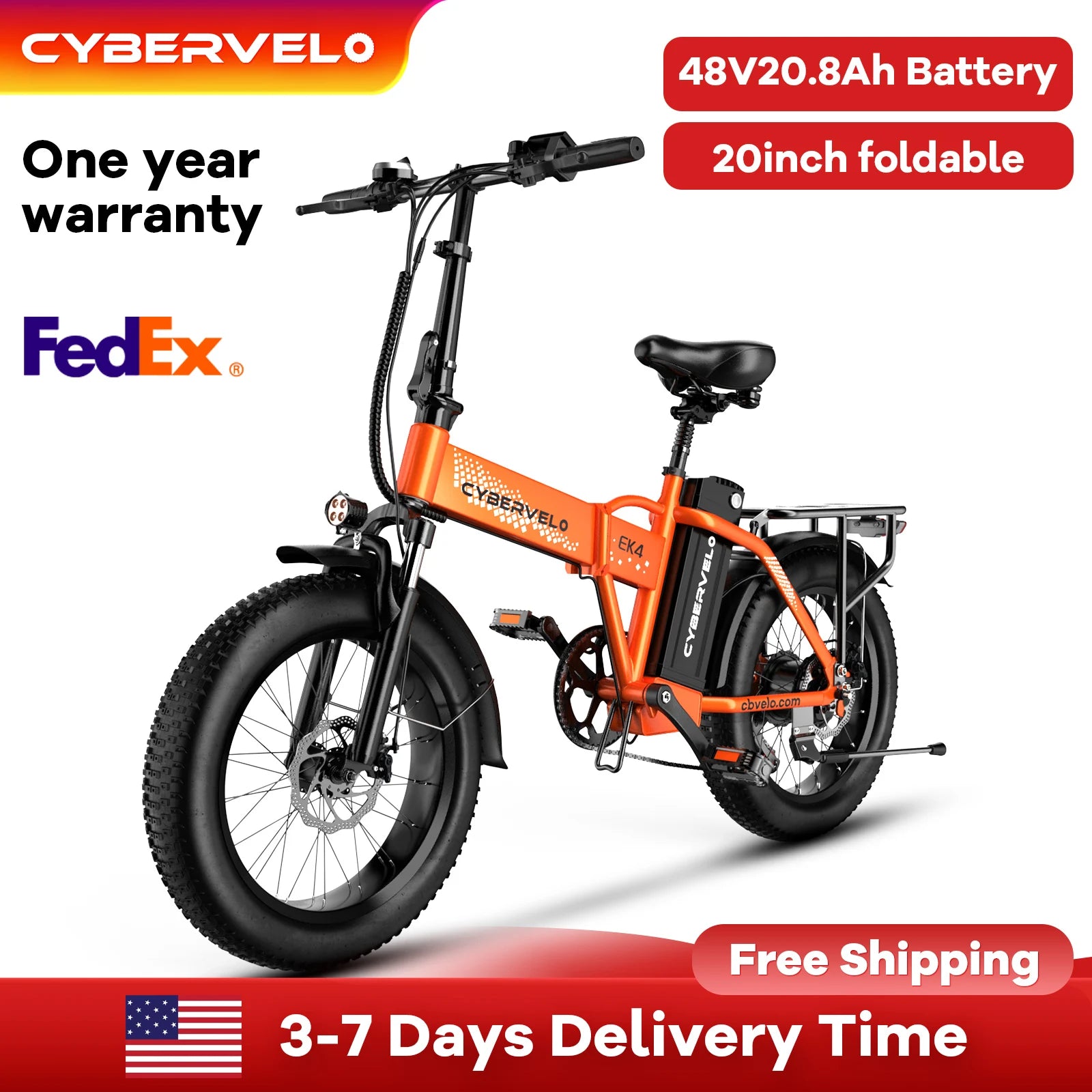 Cybervelo 1000W Folding Electric Bike, 48V 20AH Removable Battery 30+MPH 80Miles Max Range, 20"Fat Tire 7-Speed EK4