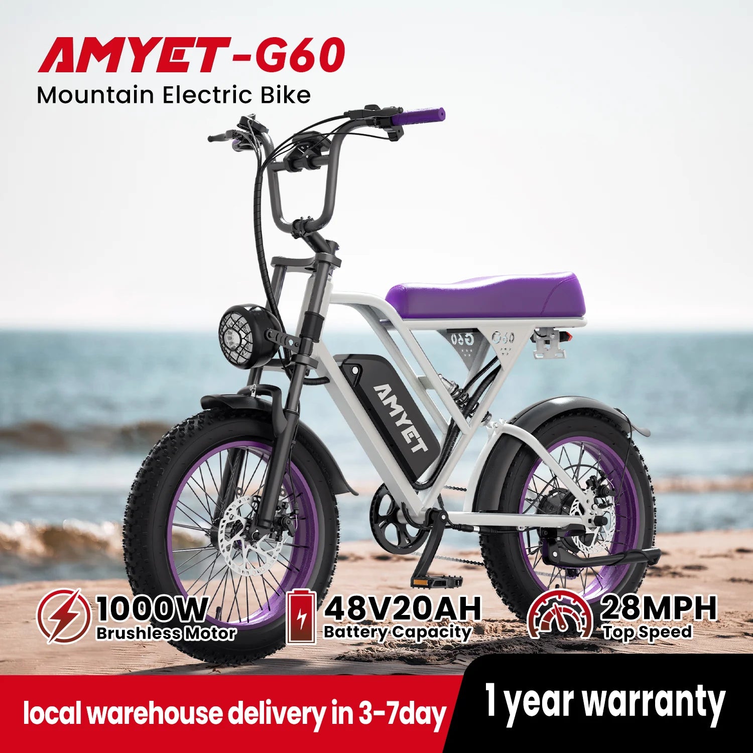 AMYET V9-G60 Adults Electric Bike 1000W Motor Bicycle 48V 20AH 20“ Tire Ebike