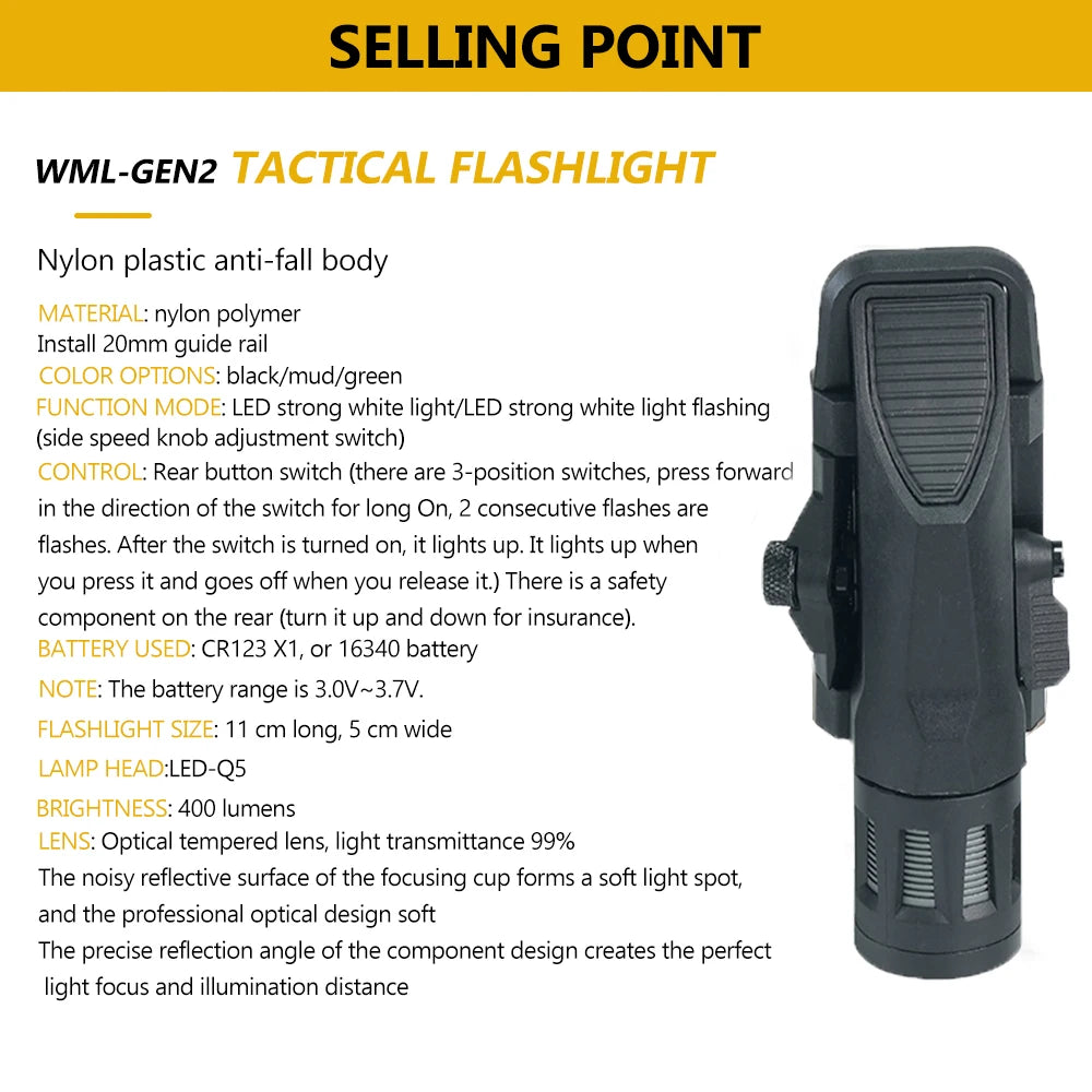BOOIU Tactical Flashlight WML-G2 Nylon Metal Strobe LED Light