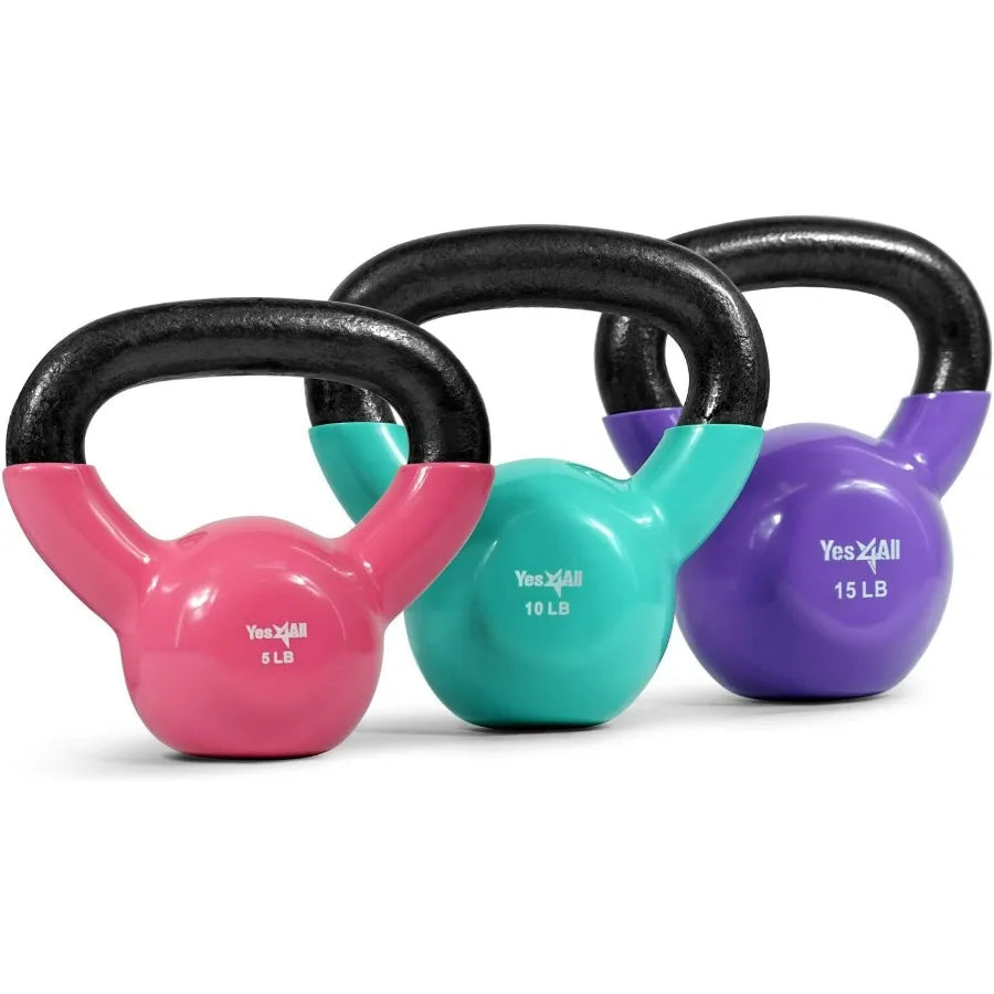 Kettlebell, Vinyl Coated Kettlebell Cast Iron Sets with Stable Flat Bottom