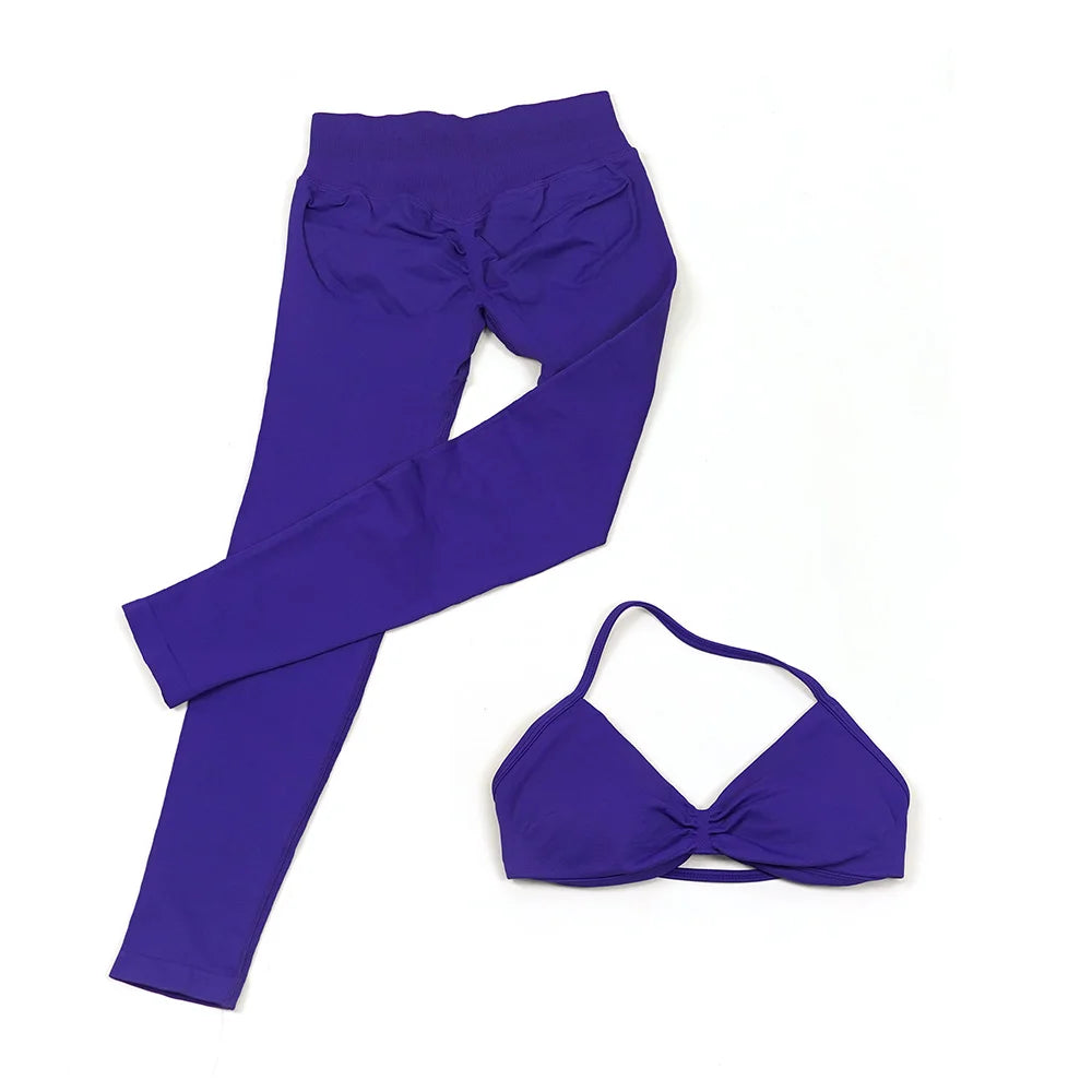 Seamless 2 Pieces Strappy Yoga Halter Bras Sets