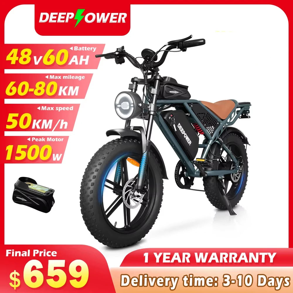 DEEPOWER QS7 Electric Bicycle 1500W Brushless Motor MTB Electric Bike 48V 60AH Lithium Battery Speed 50Km/h