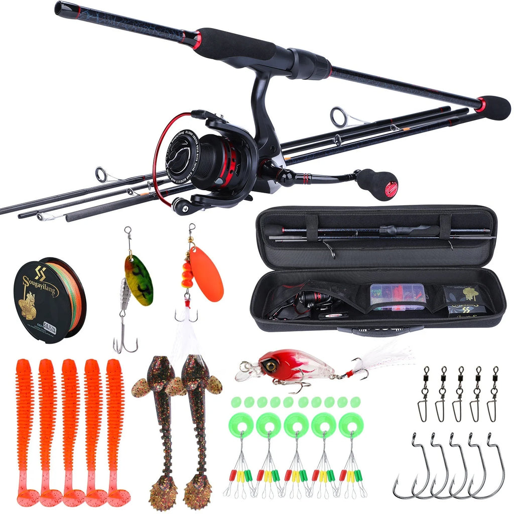 Sougayilang 1.8-2.4m Portable CarbonFishing Rod  and 13+1BB Spinning Fishing Reel and Line Bag Fishing Accessories Set