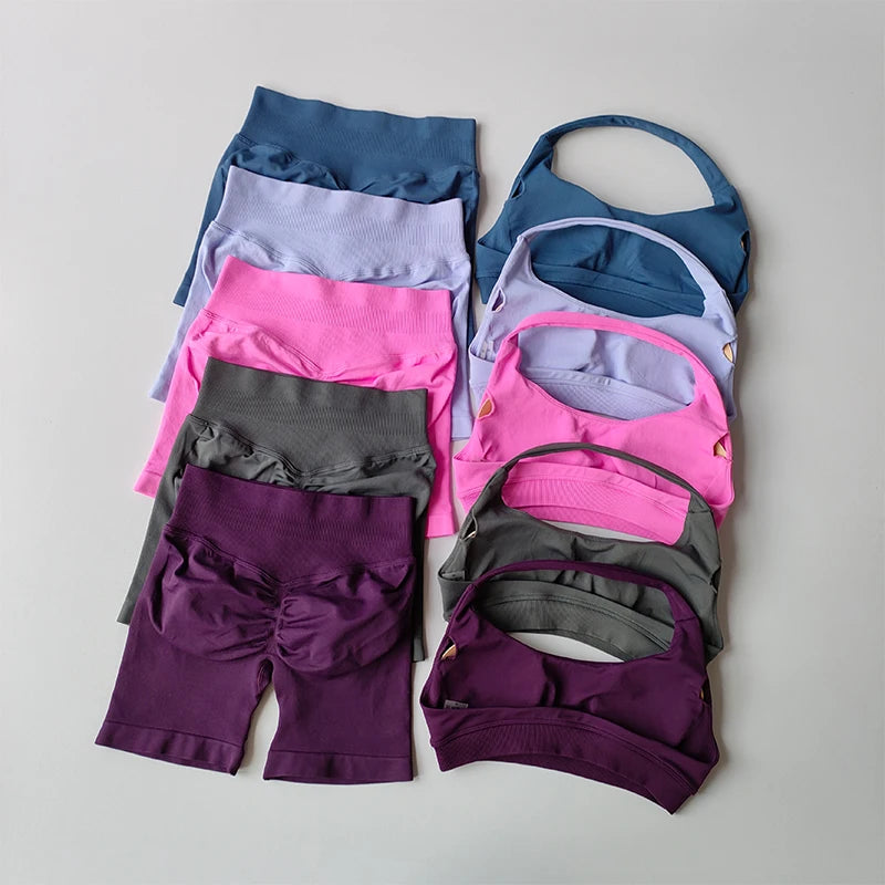 High Waist Peach Sports Bras Shorts Suit